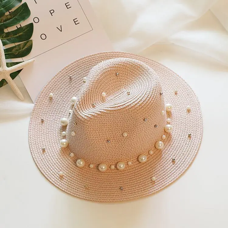 Летняя британская жемчужная Бисероплетение плоская шляпа с полями соломенная шляпа затенение от Солнца шляпа леди модная пляжная шляпа