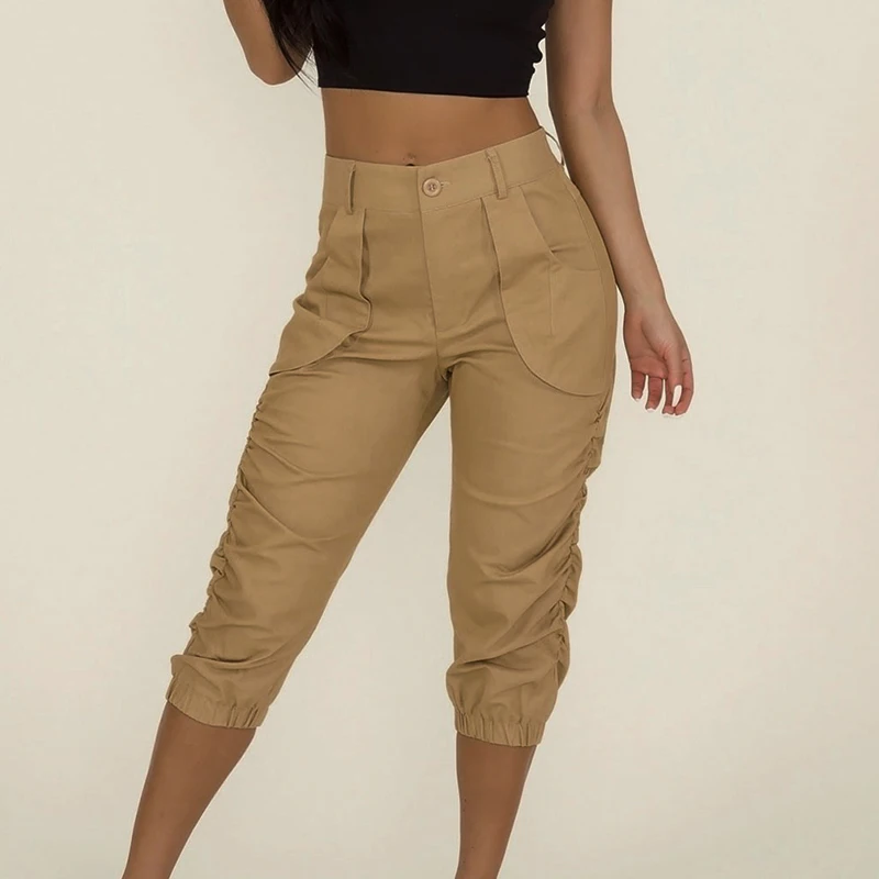 

Women pants pleated zipper fly Cropped Capri Pants calf length Casual Summer Tapered pencil Trousers