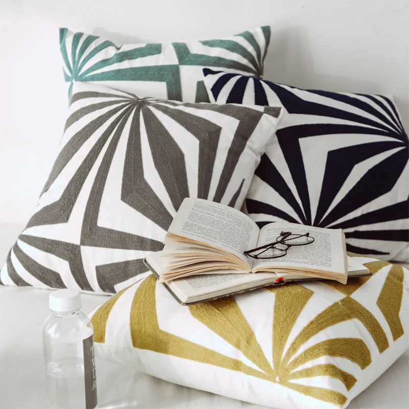 

Abstract Embroidered Cushion Cover Grey Blue Yellow Pillowcase Canvas Cotton Square Embroidery Pillow Cover 45x45cm Home Decor