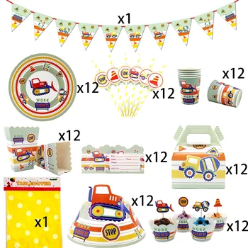 

110Pcs for 12 kids Construction Vehicles theme birthday party supplies tableware set, plate+straw+cup+candybox+invitation etc