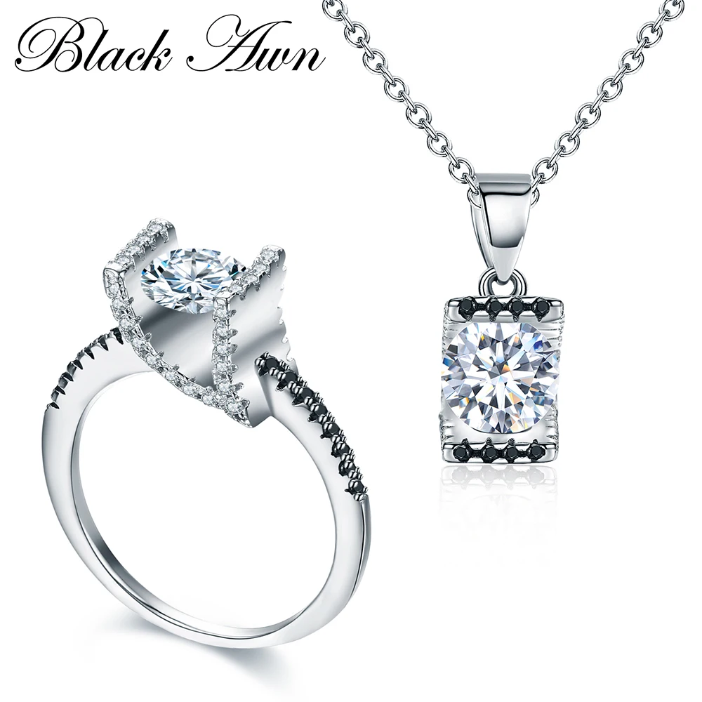 

[BLACK AWN] 925 Sterling Silver Fine Jewelry Sets White Trendy Engagement Sets Ring+Necklace for Women PR014