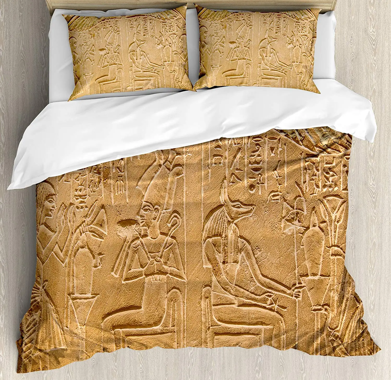 

Egyptian Duvet Cover Set Egyptian Hieroglyphs on The Wall Stone Surface Scripts Ancient Arts Theme Image 3pcs Bedding Set