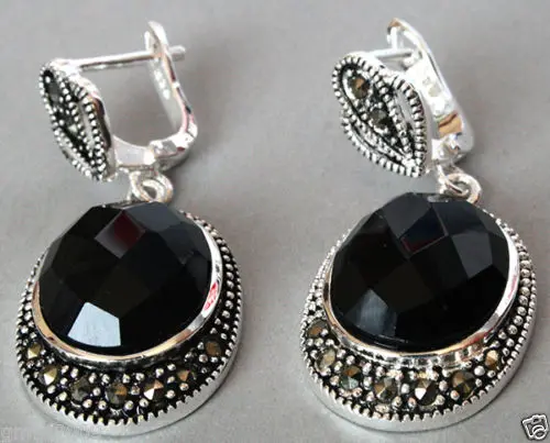 

Women Gift word Love Vintage 925 Sterling Silver Natural Faceted Black stone Onyx Marcasite Earrings women silver-jewelry