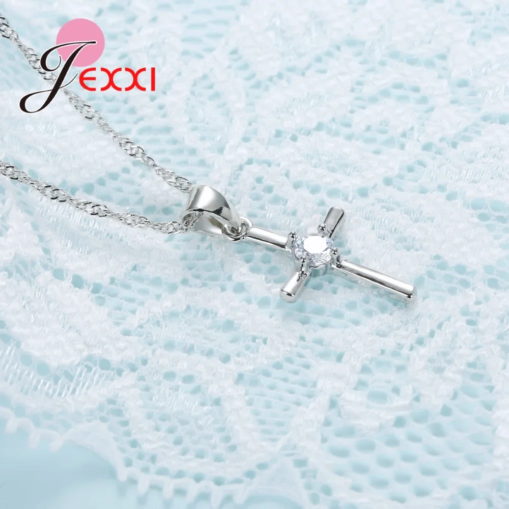 Простой Маленький Изысканный крест 925 пробы Серебряное ожерелье серьги набор украшений для женщин свадебный подарок