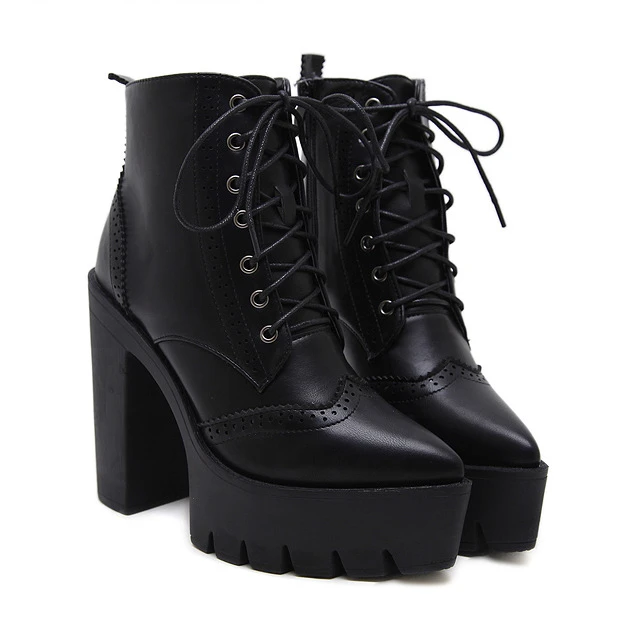 Vrouwen Schoenen Zwarte Hoge Hakken Veter Platform Enkellaarsjes lace up vrouwen enkellaars hoge hakken platform schoenen|boots lace|black high heel bootsankle boots high heels - AliExpress