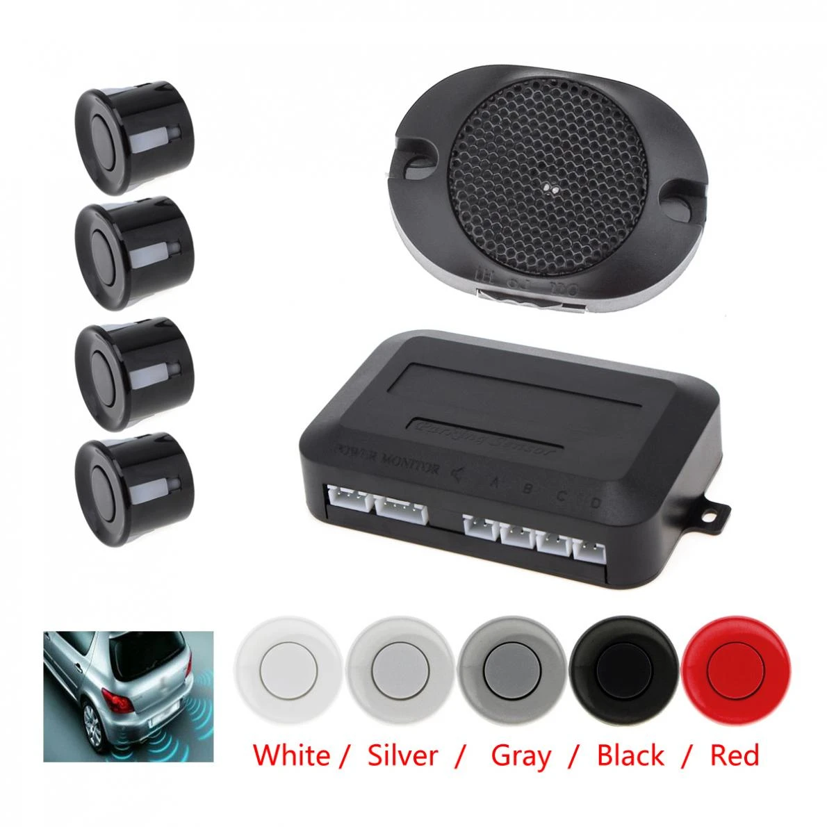 Front/&Rear Car Reverse 4 Parking Sensors Kit Silver Buzzer Alarm System+Display