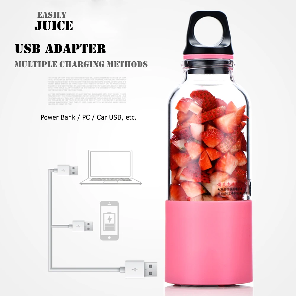 

2 in 1 Electric Juice Cup Portable Mini Juicer 500ml 4 Cutter Head Plastic Cup Body to Send Bottom Cover Water Bottle