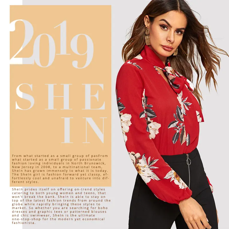 SHEIN Стильный Топ С Цветочным Принтом Женские Осенние Элегантные Блузки С Цветочным Принтом И Длинным Рукавом