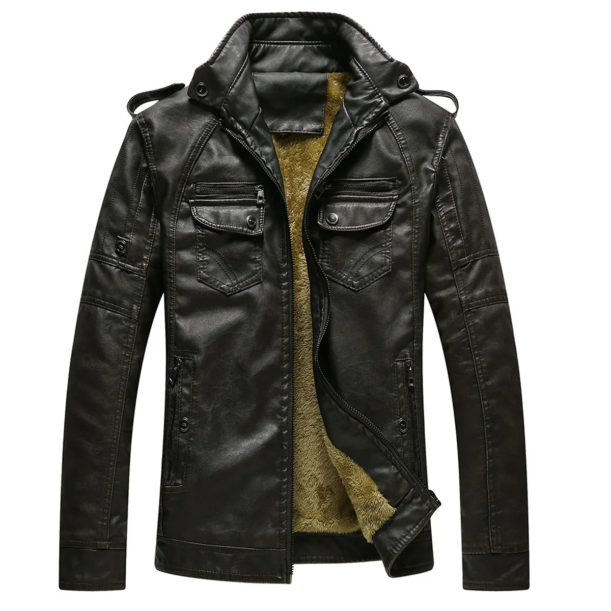 Зимняя мужская летная куртка, большие размеры 3xl 4xl, длинный рукав, искусственная кожа, свободная винтажная искусственная кожа, желтая Толстая теплая куртка, Мужское пальто - Цвет: DarkCoffee