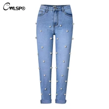 CWLSP 3XL жемчуг Бисер женские с высокой талией Прямые джинсы Повседневное Большие размеры брюки из джинсовой ткани модные брюки джинсовые femme QL3656