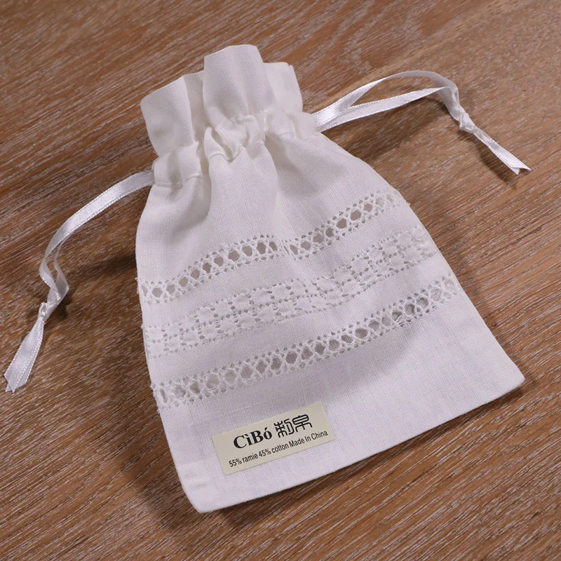 B005 white ramie/cotton drawstring embroidery gift bags, 5x7 inches