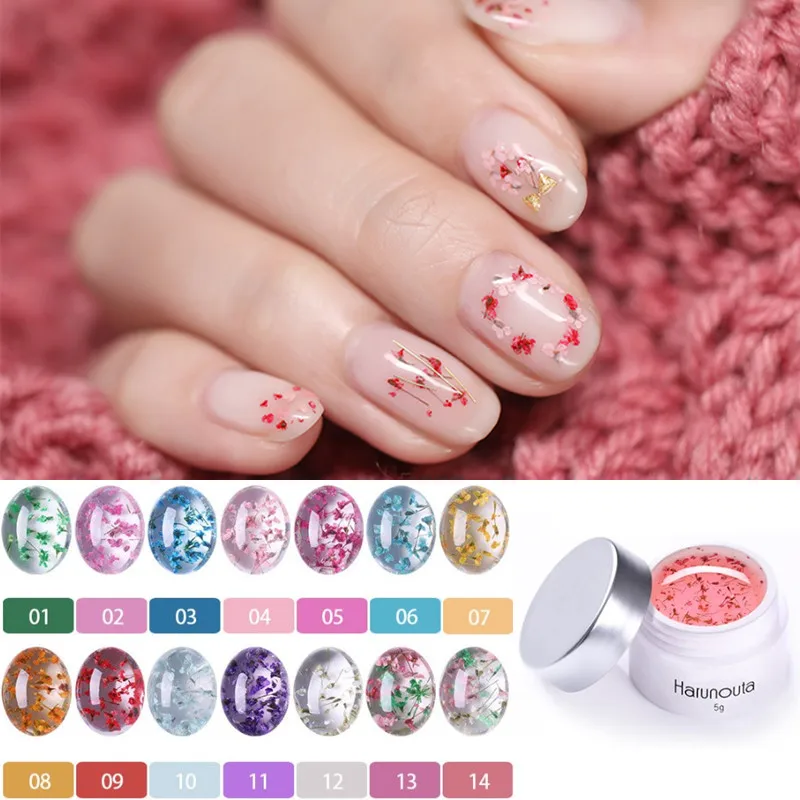 

Harunouta Dried Flowers UV Nail Gel Polish Set Floral Decorations Soak Off Nail Art Polish Lacquer Kits Pink Color Gel Glue