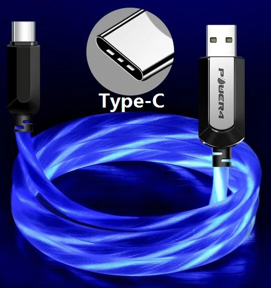 Power4 усиленный Micro кабель usbc для iPhone xs max светящийся светодиодный usb type C кабель для Lightning samsung зарядный кабель Micro - Цвет: Type C-Blue