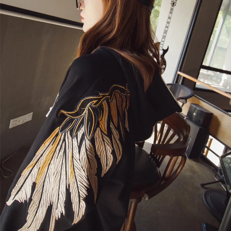 Ulzzang Harajuku корейский стиль негабаритных крылья худи с вышивкой Толстовка бойфренда l студент пара