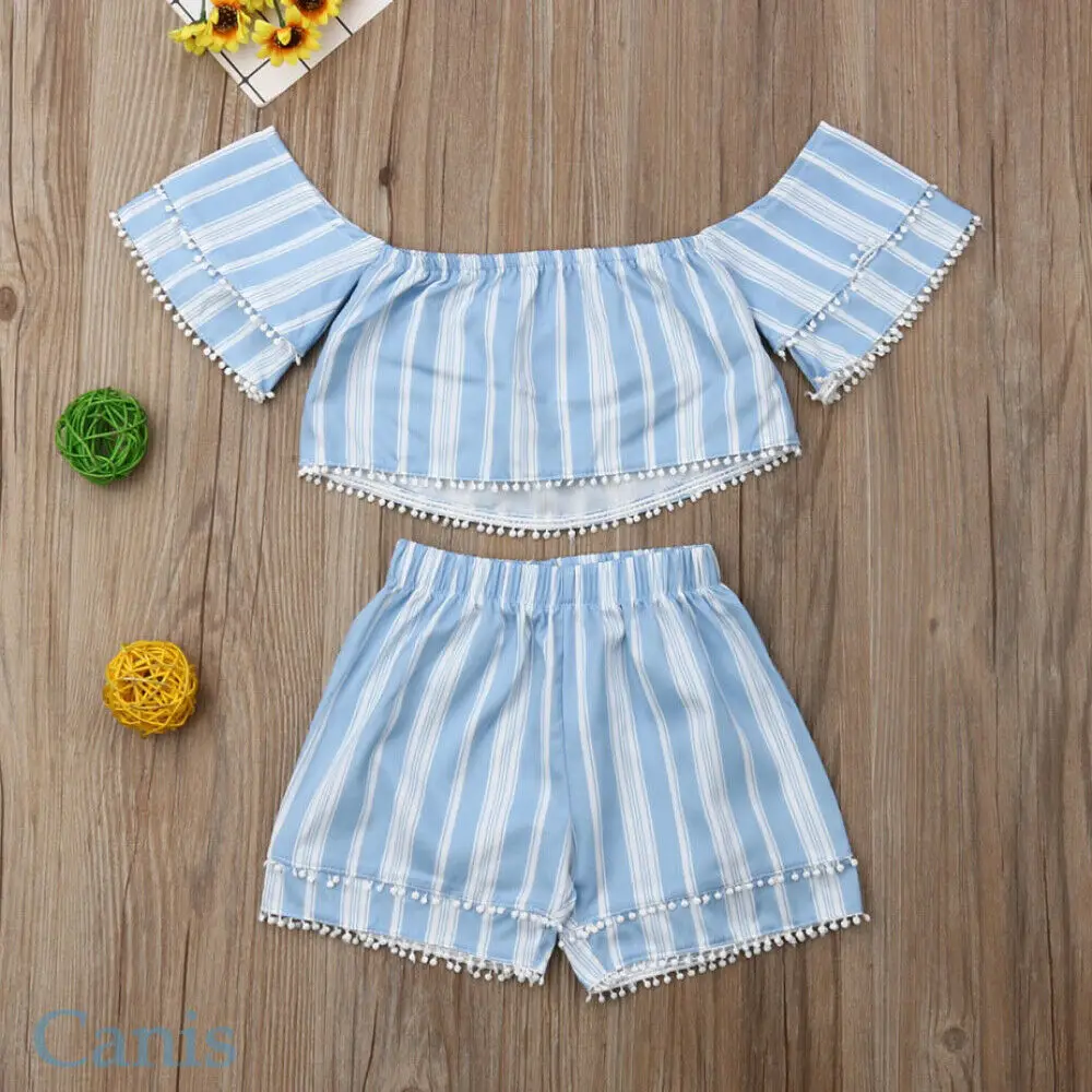 2Pcs Toddler Kid Baby Girl Summer Clothes Set Striped Off Shoulder Tassel Short Sleeve Tops Shorts Sunsuit 2Pcs Toddler Kid Baby Girl Summer Clothes Set Striped Off Shoulder Tassel Short Sleeve Tops Shorts Sunsuit