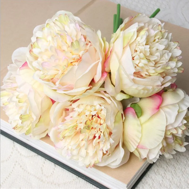 Elegant 5-Piece Peony and Rose Artificial Silk Flower Bouquet - White and Pink Decor