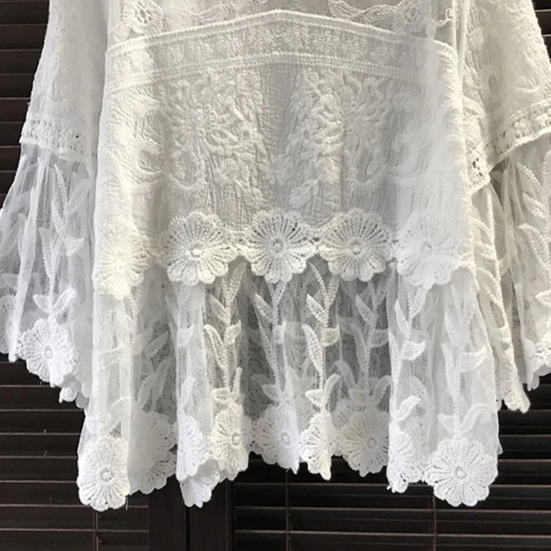 Летняя белая кружевная блузка с цветочным принтом, Повседневная рубашка, женские топы, элегантные летние топы с вырезами, женские блузы с коротким рукавом