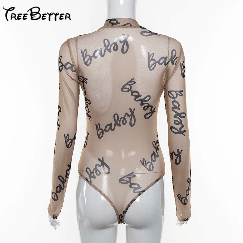 Прозрачный комбинезон из сетки бодисон сексуальный комбинезон тонкий длинный рукав женские топы с принтом букв модная одежда для тела Feminist лето