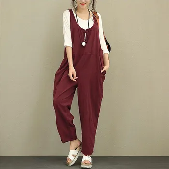 

2018 New Women Casual Loose Cotton Jumpsuit Solid Rompers Overalls Loose Harem Bib Pants