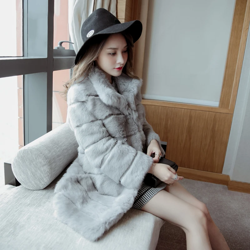 Long 90 cm Plus Size M - 6XL Wave Cut Trim High Quality Whole Skin Natural Rabbit Fur Coats Outerwear Women Real Fur Jackets