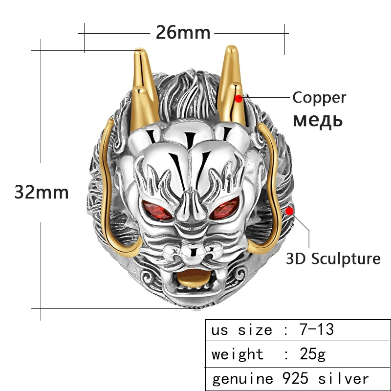 Zabra Роскошные стерлингового серебра 925 кольцо дракона большой Регулируемый Размеры красный камень цирконий Панк мужские Кольца Готический Байкер ювелирные изделия