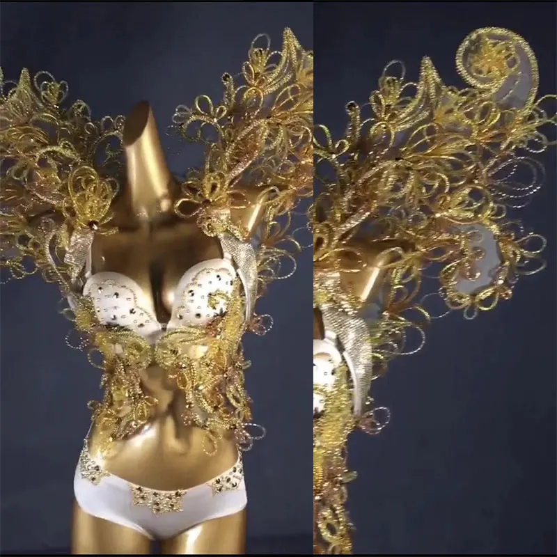 Женский сексуальный костюм для сцены с золотыми крыльями, бикини, подиум, белый, золотой, яркие шелковые стразы, гелевые крылья, костюмы, комплект бикини, ручная работа - Цвет: Photo color