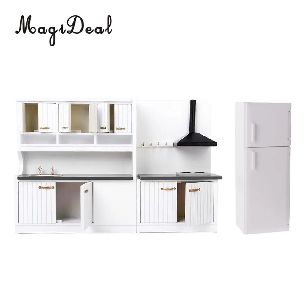 Dollhouse 1:12 Scale Kitchen/Dining Room Cabinet&Refrigerator Furniture Set for Dolls House Decor Acc Children Kids Great Gift