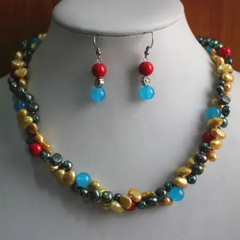 

charm Jew.657 Charming2Rows Mixed Colors Pearl/Green stone Earring Necklace Pendant Jewelry Set new