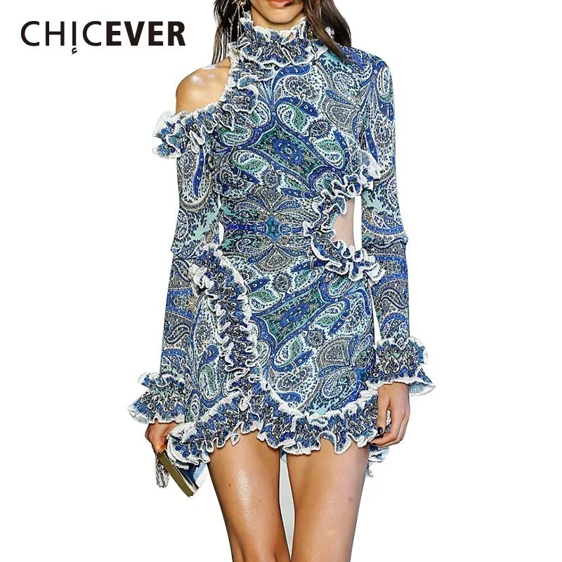 

CHICEVER Summer Vintage Print Dress For Women Stand Collar Off Shouler Long Sleeve High Waist Patchwork Ruffles Mini The Dresses