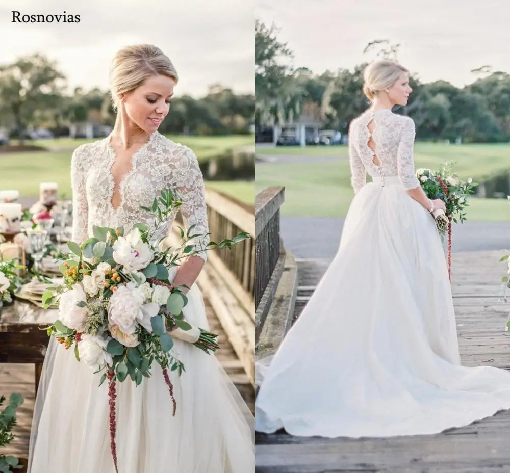 

Bohemia Lace Wedding Dresses 2020 V Neck Covered Button 3/4 Long Sleeves Modest Appliques Country Bridal Gowns Vestido De Novia