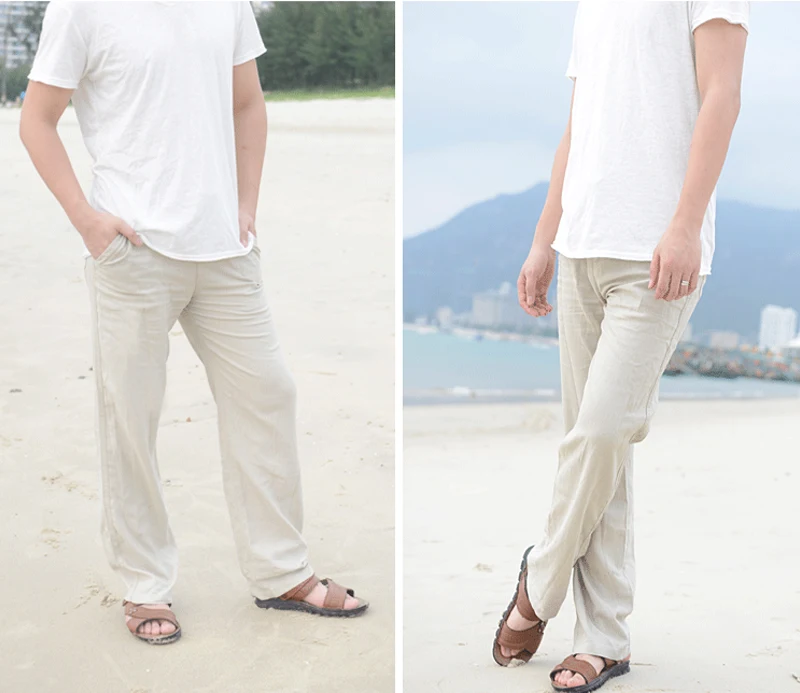 Мужские натуральные хлопковые льняные брюки белые льняной эластичный корсаж прямые мужские брюки новые высокого качества мужские летние
