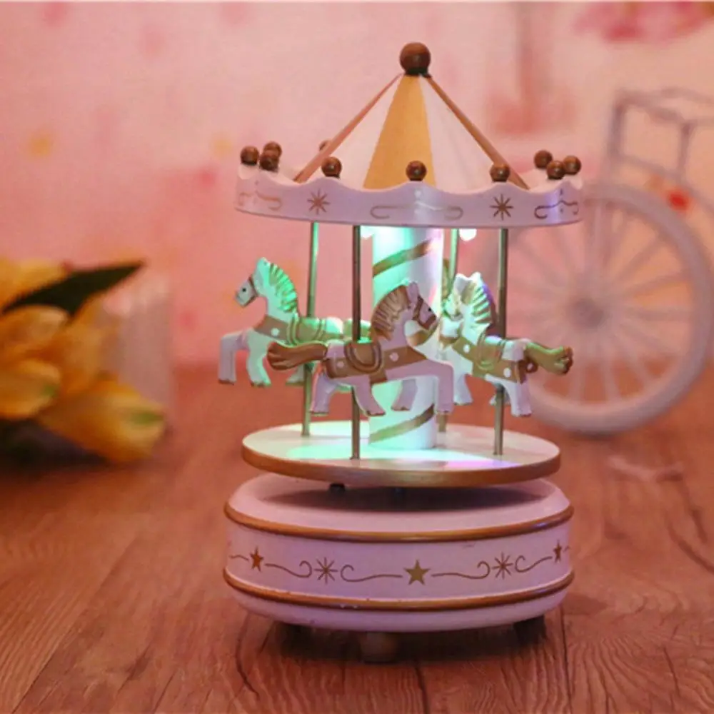 

None Wooden Rotation Carousel Wooden Carousel With LED Lamp Lighted Carousel Musical Box Birthday/Festival Gift 1