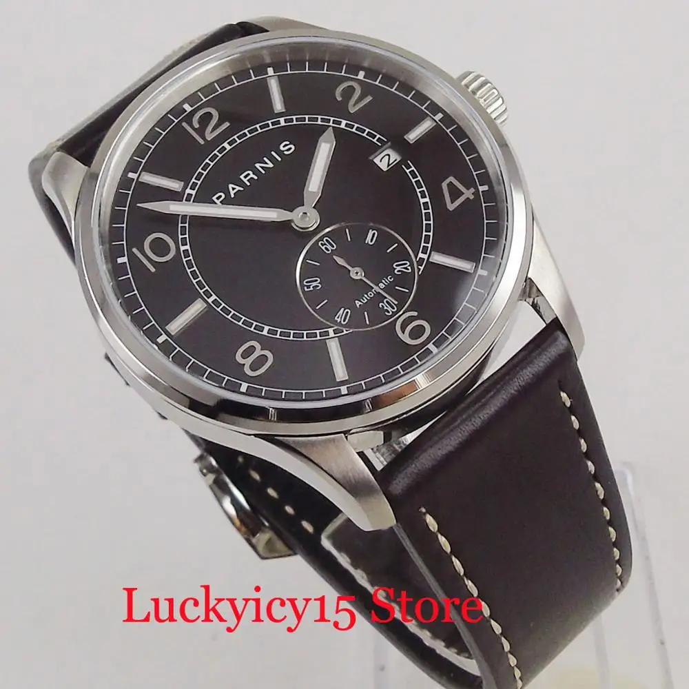 PARNIS черный циферблат серебристый футляр для часов 42 мм автоматические мужские часы с авто окошком даты кожаный ремешок