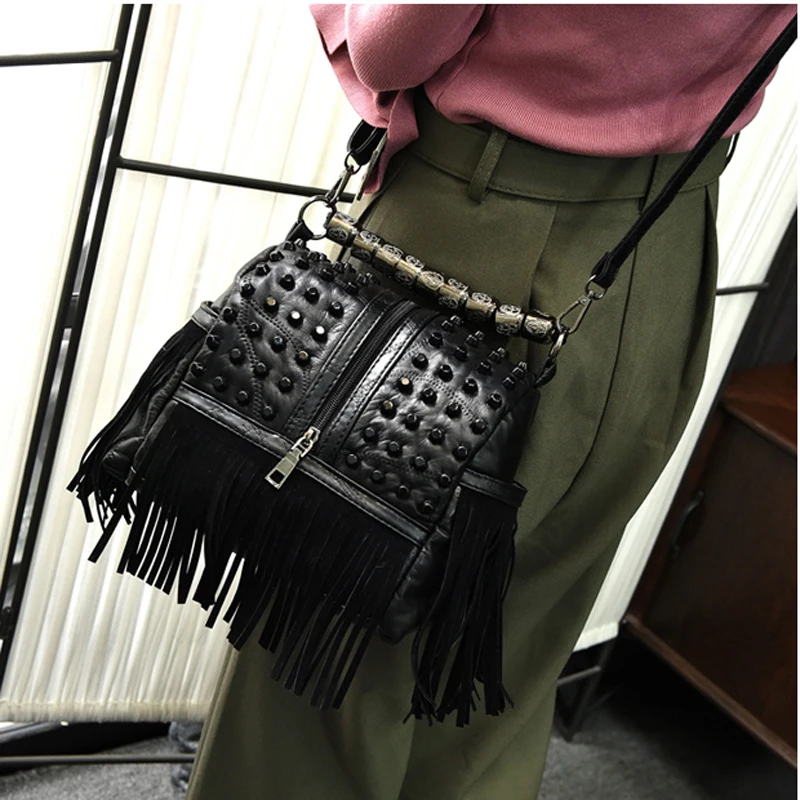 

Punk Street Women Messenger Bags Black Rivet Tote Handbag Shoulder with Long Strap Crossbody Purse Cool Bolsa