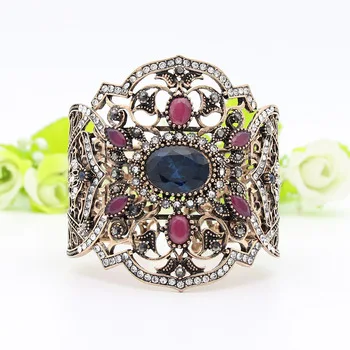 Big Adjustable Size Hollow Flower Vintage Bangle Turkish Resin Cuff Five Button Broadside Bracelet Antique Gold Color Jewelry
