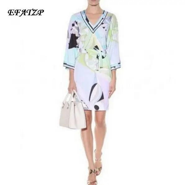 

Luxury Brand Runway Dress Women's V-Neck Colorful Geometric Print Color Block Jersey Silk Casual Dress With Sashes