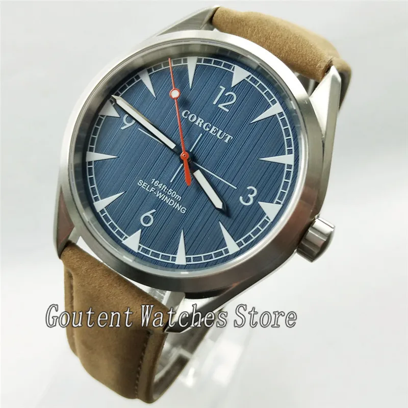 

41mm Blue Dial Steel Sliver Case Leather Band Automatic Men Watch 2752