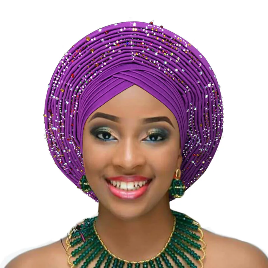 Африканский головной убор нигерийский головной убор с бусинами камни Авто геле африканский геле женский головной убор алмаз тюрбан для свадебной вечеринки
