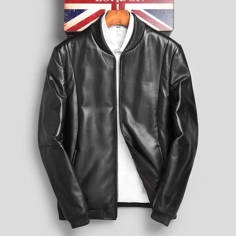 

Natural sheepskin leather jacket men baseball style stand collar white duck down coat male real leather jackets
