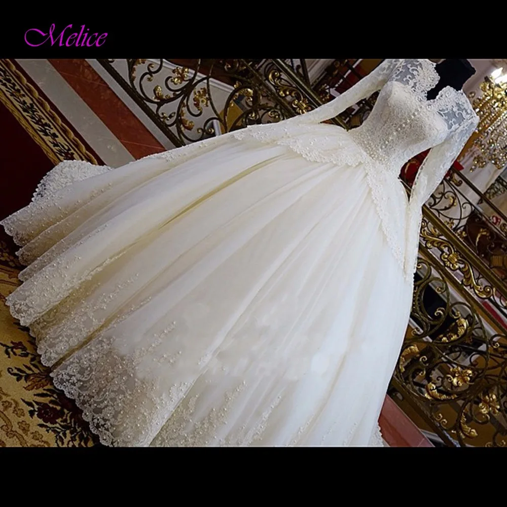 

Melice Fashion High Neck Long Sleeve Ball Gown Wedding Dresses 2019 Lace Appliques Pearls Vintage Bridal Dress Vestido de Noiva