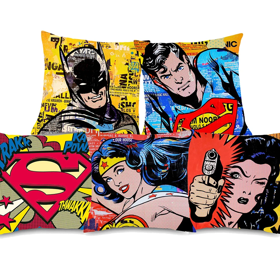 

Retro Vintage POP Art Super Hero Cushion Covers Superman Wonder Woman Captain America Cushion Cover Linen Pillow Case