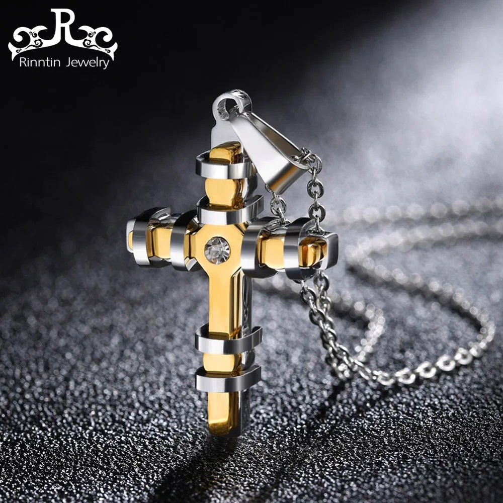 

Rinntin Mens Stainless Steel Cross Necklace With AAA Cubic Zircon Pendant Link Chain Unique Design Pendant Christmas gift DGTN37