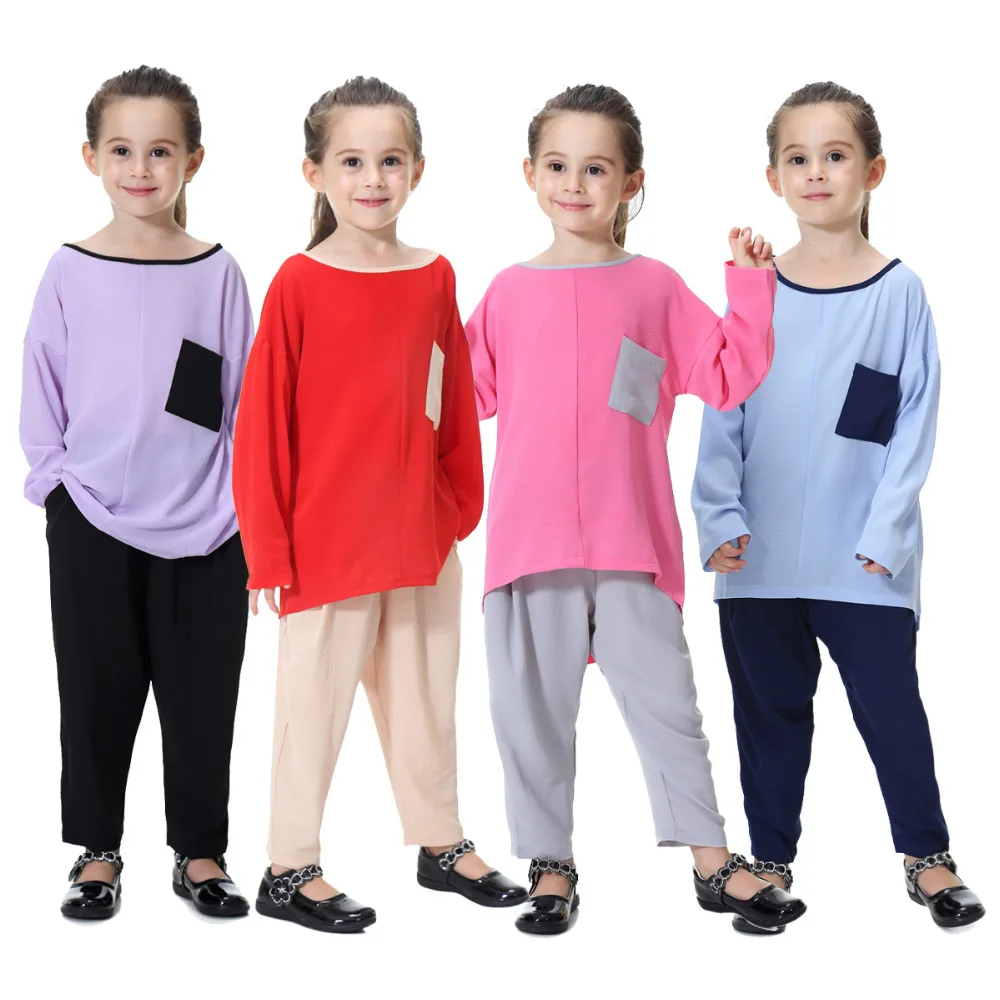 

New arrive Cute Muslim abayas for children turkish saudi arabia malay kids girls islamic clothing patchwork long shirt pant set