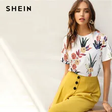 SHEIN Цветочная Футболка С Графическим Принтом Женский Летний Повседневный Топ С Короткими Рукавами И Круглым Вырезом