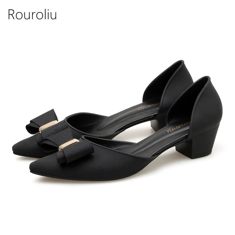 

Rouroliu Women Pointed Toe Mid Heel Sandals Summer Mixed Colors Bowknot Jelly Shoes Woman Non-Slip Casual Shoes FR87