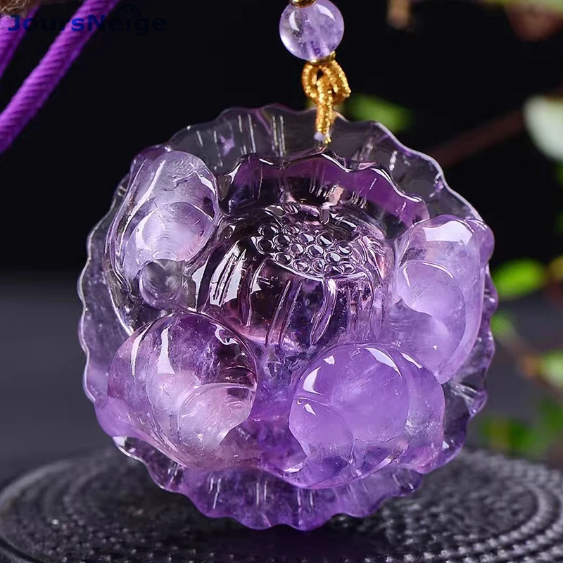 

Wholesale Purple Natural Crystal Pendants Hand Carved Peony Flower Sweater chain Necklace Lucky for Women Marriage Jewelry