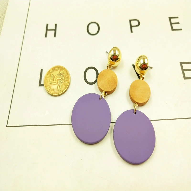 

UJBOX 2018 Autumn Winter Wood Earrings Japanese Korean European American Women Yellow Purple Drop Dangle Earrings
