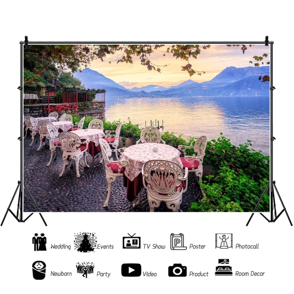 Laeacco Photo Backdrops Riverside Romantic Dinner Table Chair Mountain Baby Scene Photography Background Photocall Photo Studio