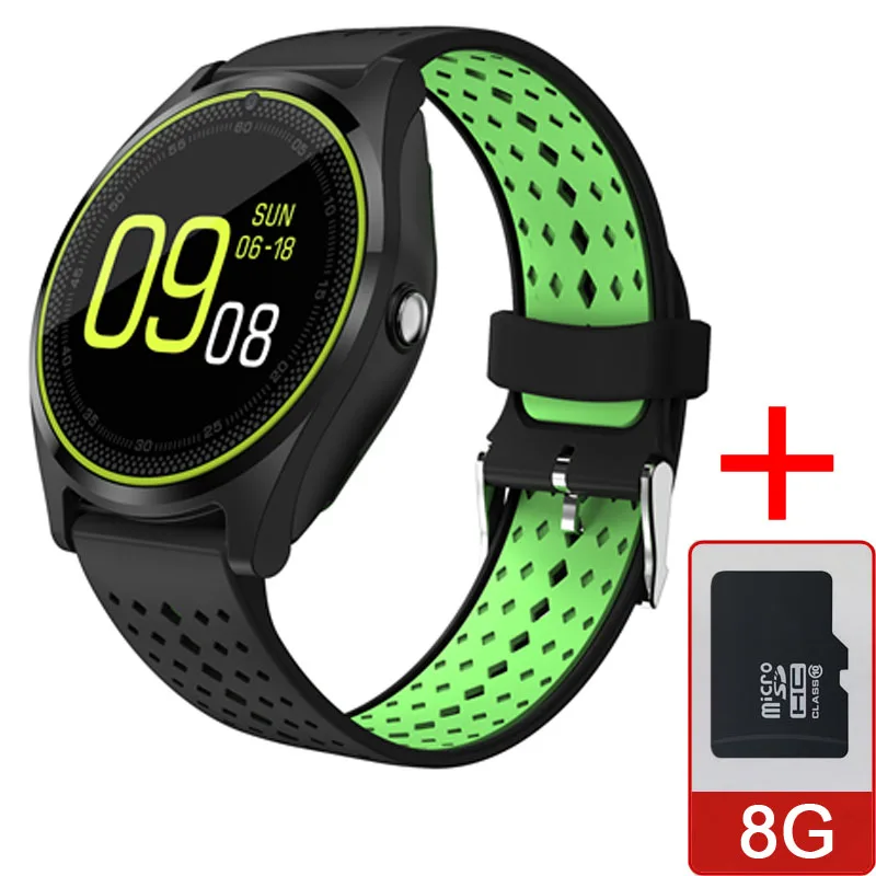 Смарт-часы V9 Поддержка камеры Bluetooth Смарт-часы сим-карта наручные часы для мужчин и женщин детские носимые Устройства спортивные часы - Цвет: Black green add 8G