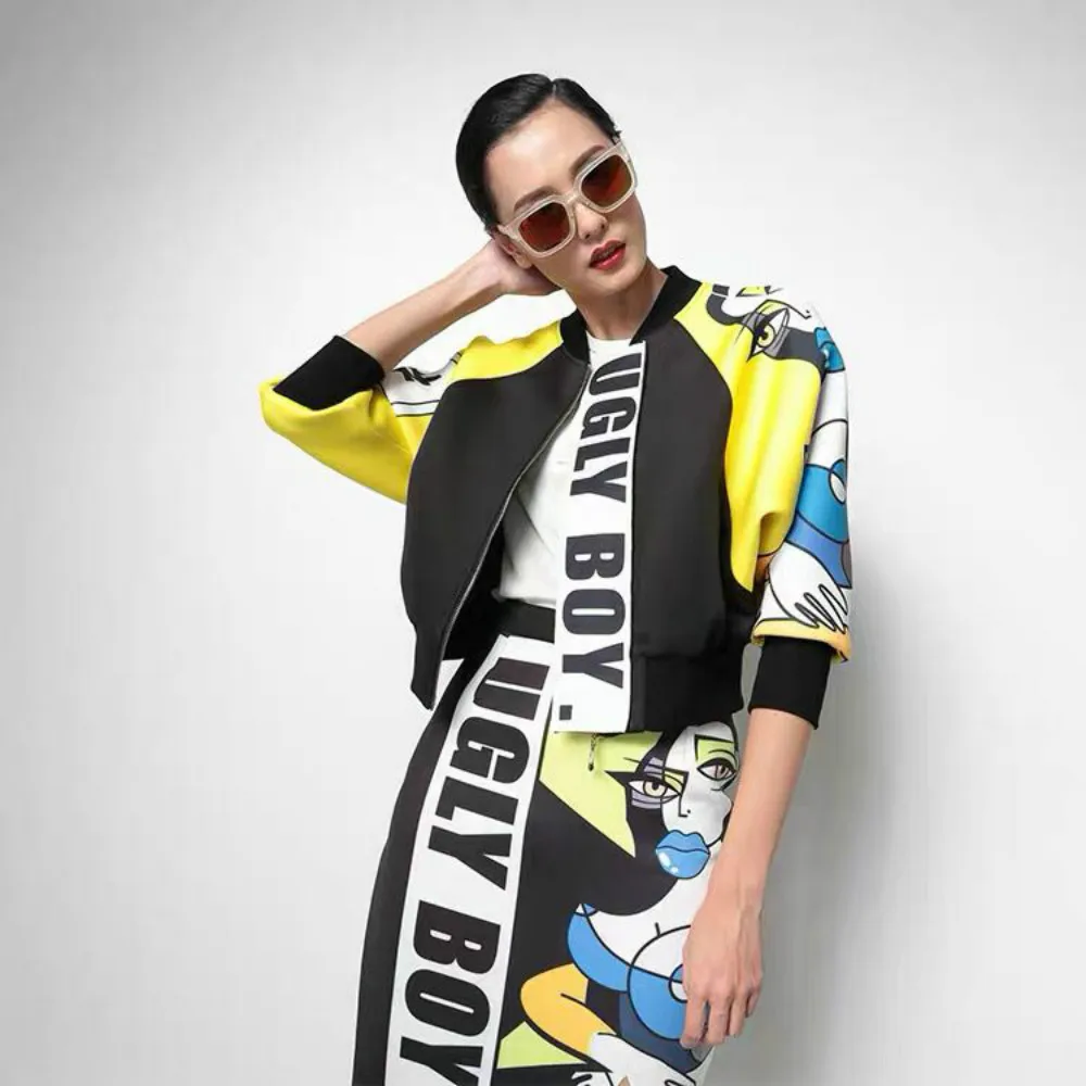 

New Streetwear 2018 Autumn Women's Jacket Patchwork Loose Female Cool Personality Coats Cartoon Letters Printed Outerwear Wrap